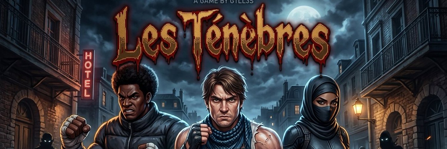 Les Ténèbres : le titre du jeu et les trois héros (Issa, Erwan, Samira) dans une rue de nuit — beat'em up rétro 16 bits